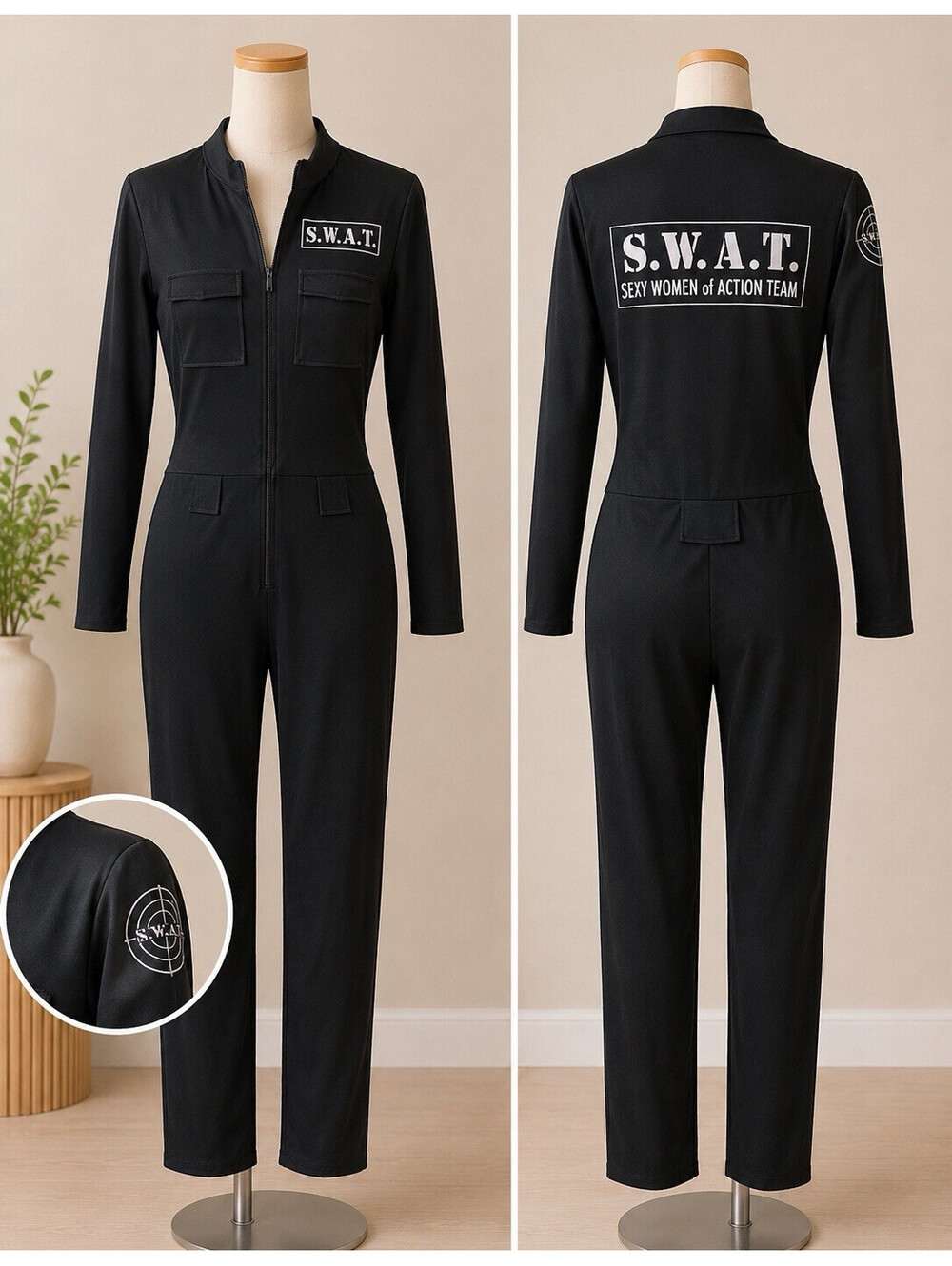 S.W.A.T. Black Full-Zip Jumpsuit Costume Uniform Zip-Up